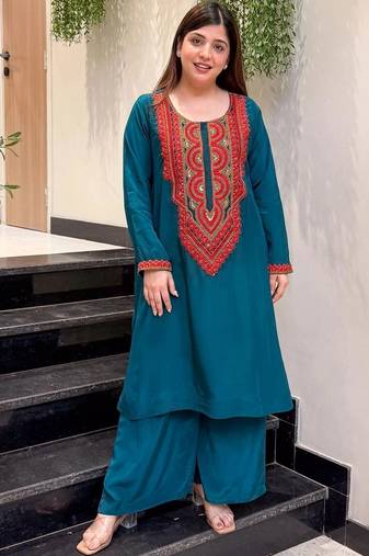 Women Ethnic Motifs Embroidered Regular Sequinned Silk Crepe Kurta with Palazzos