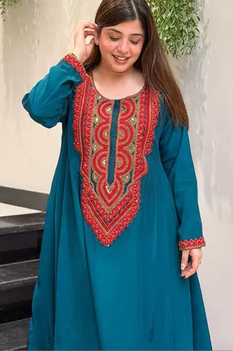 Women Ethnic Motifs Embroidered Regular Sequinned Silk Crepe Kurta with Palazzos