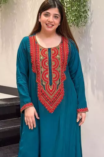 Women Ethnic Motifs Embroidered Regular Sequinned Silk Crepe Kurta with Palazzos