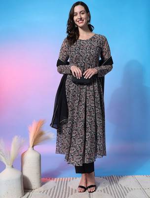 Paisley Empire Round Neck Full Sleeves Anarkali Kurta With Trousers & Dupatta 1
