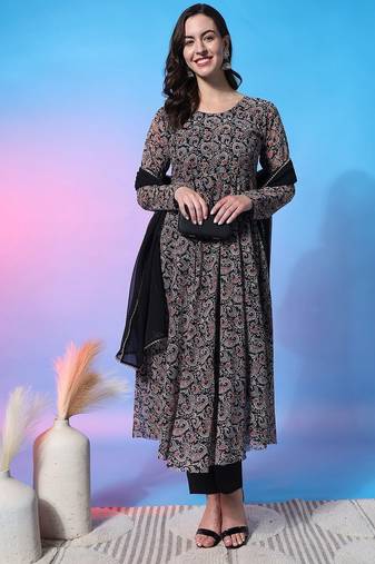 Paisley Empire Round Neck Full Sleeves Anarkali Kurta With Trousers & Dupatta