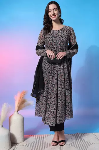 Paisley Empire Round Neck Full Sleeves Anarkali Kurta With Trousers & Dupatta