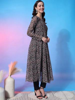 Paisley Empire Round Neck Full Sleeves Anarkali Kurta With Trousers & Dupatta 3