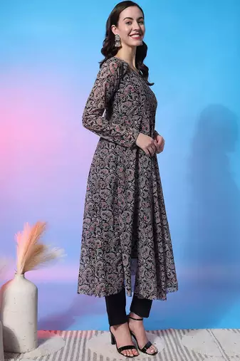 Paisley Empire Round Neck Full Sleeves Anarkali Kurta With Trousers & Dupatta