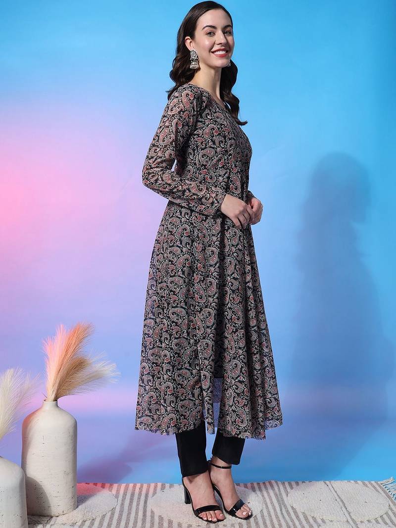 Paisley Empire Round Neck Full Sleeves Anarkali Kurta With Trousers & Dupatta
