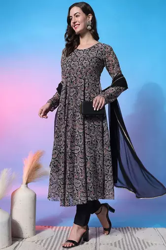 Paisley Empire Round Neck Full Sleeves Anarkali Kurta With Trousers & Dupatta