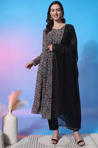 Paisley Empire Round Neck Full Sleeves Anarkali Kurta With Trousers & Dupatta