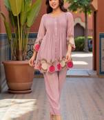 Women Floral Embroidered Pleated Thread Work Kurta with Trousers