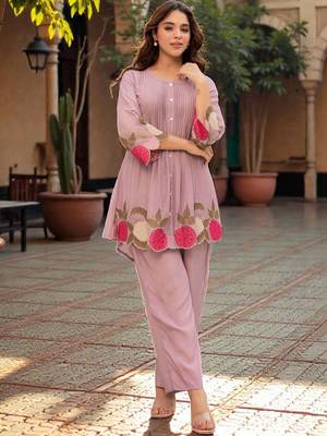 Women Floral Embroidered Pleated Thread Work Kurta with Trousers 4