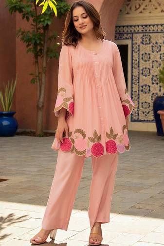 Women Floral Embroidered Pleated Thread Work Chanderi Silk Kurta with Palazzos
