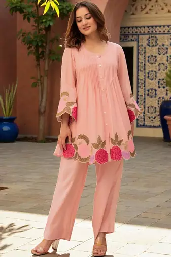 Women Floral Embroidered Pleated Thread Work Chanderi Silk Kurta with Palazzos
