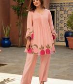 Women Floral Embroidered Pleated Thread Work Chanderi Silk Kurta with Palazzos