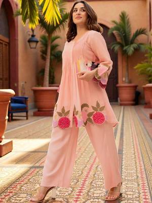 Women Floral Embroidered Pleated Thread Work Chanderi Silk Kurta with Palazzos 2