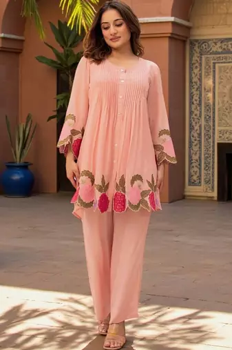 Women Floral Embroidered Pleated Thread Work Chanderi Silk Kurta with Palazzos