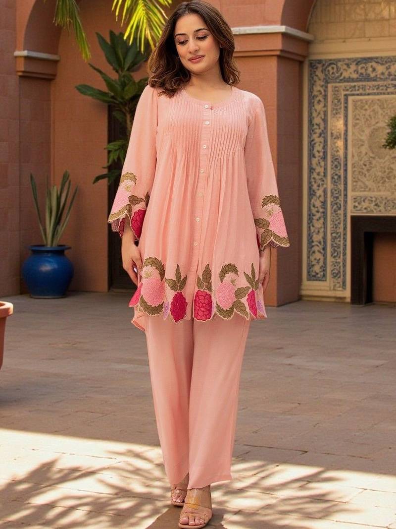 Women Floral Embroidered Pleated Thread Work Chanderi Silk Kurta with Palazzos