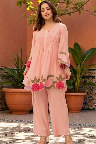 Women Floral Embroidered Pleated Thread Work Chanderi Silk Kurta with Palazzos