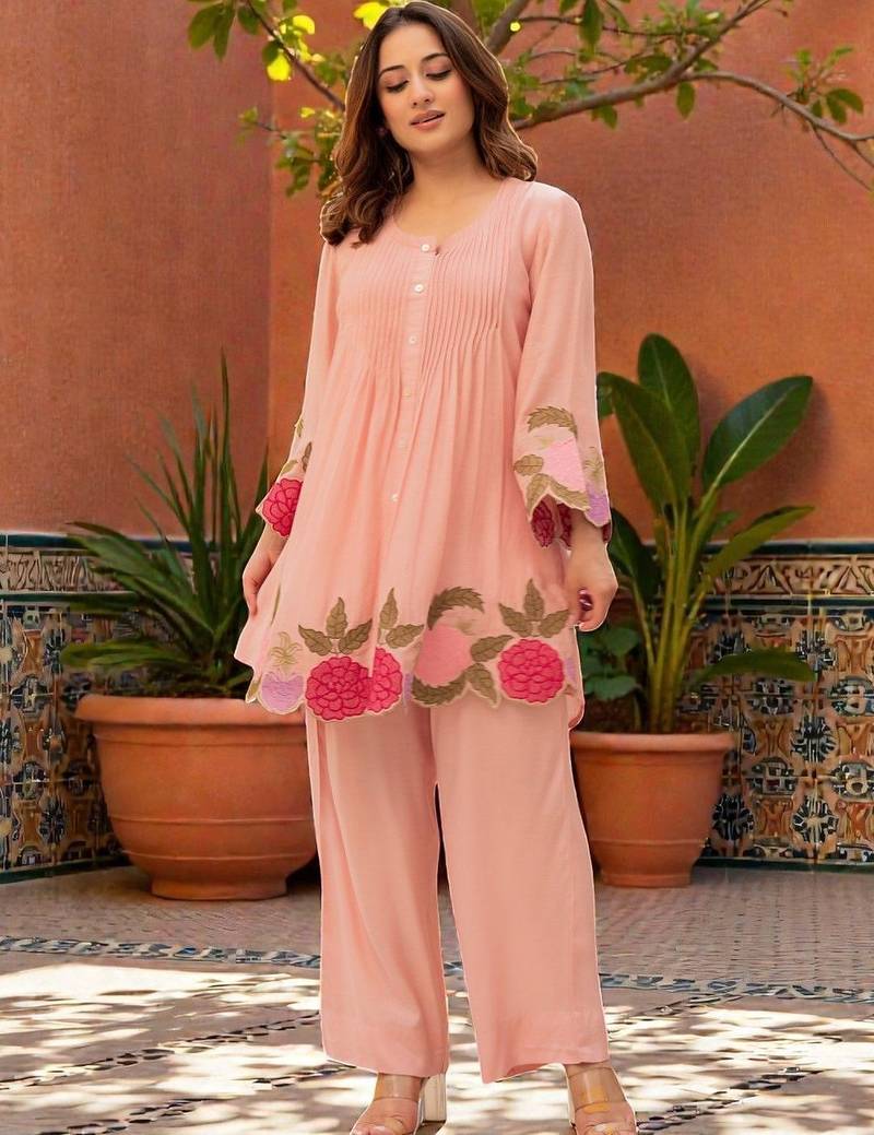 Women Floral Embroidered Pleated Thread Work Chanderi Silk Kurta with Palazzos