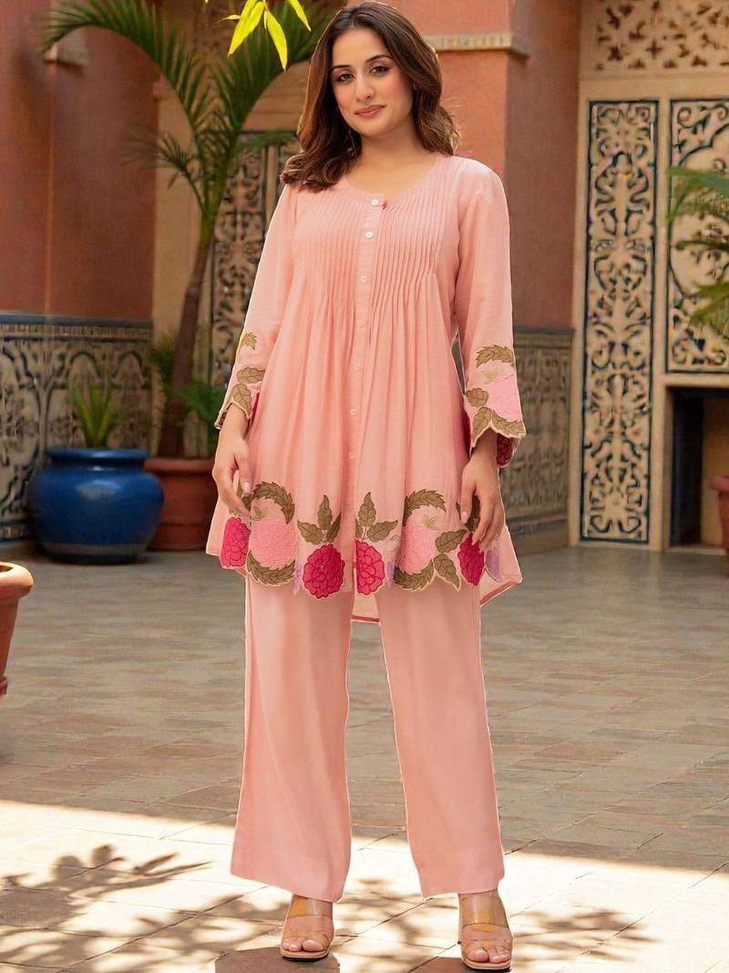 Women Floral Embroidered Pleated Thread Work Chanderi Silk Kurta with Palazzos