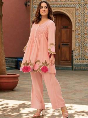 Women Floral Embroidered Pleated Thread Work Chanderi Silk Kurta with Palazzos 6