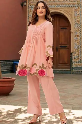 Women Floral Embroidered Pleated Thread Work Chanderi Silk Kurta with Palazzos