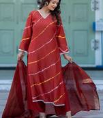 Women Leheriya Dyed Regular Pure Silk Kurta with Trousers & With Dupatta