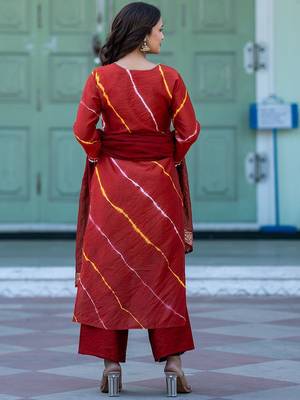 Women Leheriya Dyed Regular Pure Silk Kurta with Trousers & With Dupatta 4