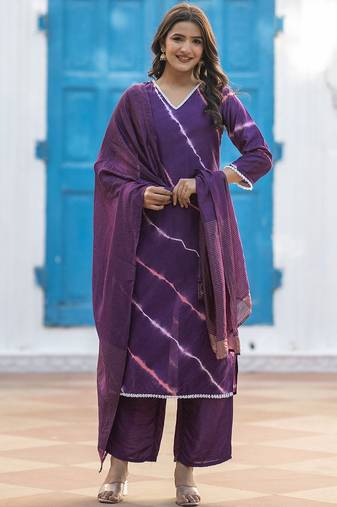 Leheriya Printed  Silk V-Neck Straight Kurta With Trousers And Dupatta