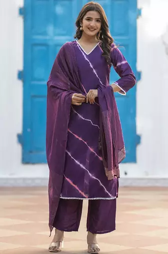 Leheriya Printed Pure Silk V-Neck Straight Kurta With Trousers And Dupatta