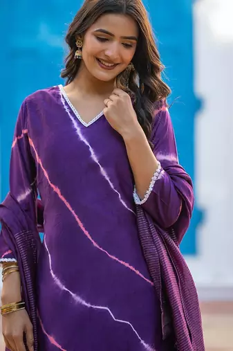 Leheriya Printed Pure Silk V-Neck Straight Kurta With Trousers And Dupatta