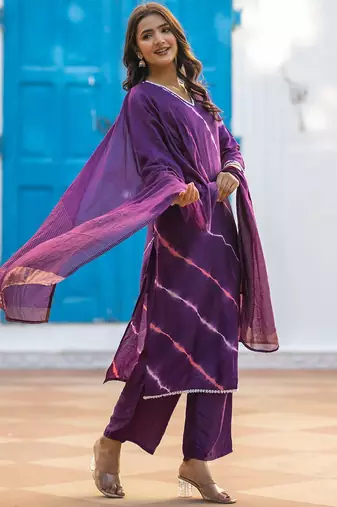 Leheriya Printed Pure Silk V-Neck Straight Kurta With Trousers And Dupatta