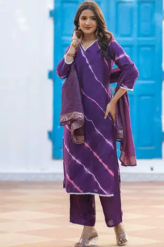 Leheriya Printed Pure Silk V-Neck Straight Kurta With Trousers And Dupatta