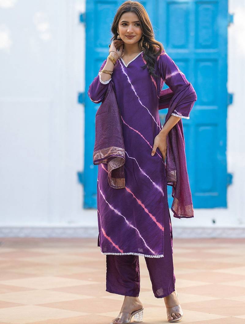 Leheriya Printed Pure Silk V-Neck Straight Kurta With Trousers And Dupatta