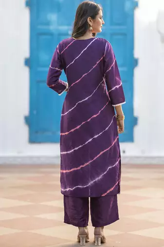 Leheriya Printed Pure Silk V-Neck Straight Kurta With Trousers And Dupatta