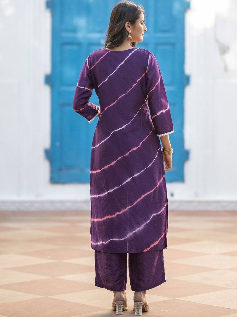 Leheriya Printed Pure Silk V-Neck Straight Kurta With Trousers And Dupatta