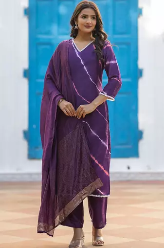 Leheriya Printed Pure Silk V-Neck Straight Kurta With Trousers And Dupatta