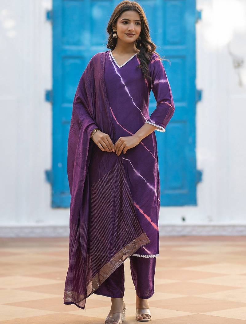 Leheriya Printed Pure Silk V-Neck Straight Kurta With Trousers And Dupatta