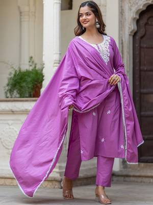 Women Ethnic Motifs Embroidered Regular Chikankari Pure Cotton Kurta with Trousers & With Dupatta 1