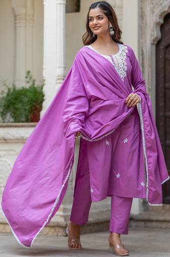 Women Ethnic Motifs Embroidered Regular Chikankari Pure Cotton Kurta with Trousers & With Dupatta