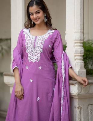 Women Ethnic Motifs Embroidered Regular Chikankari Pure Cotton Kurta with Trousers & With Dupatta 2
