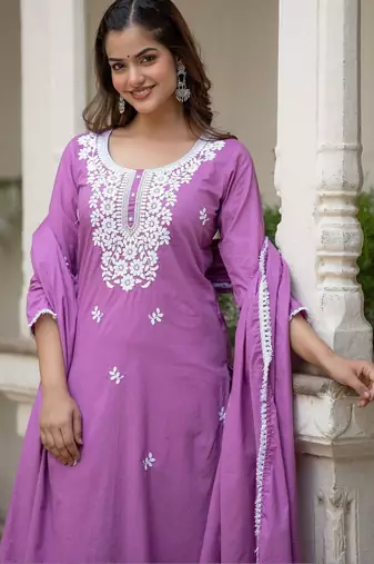 Women Ethnic Motifs Embroidered Regular Chikankari Pure Cotton Kurta with Trousers & With Dupatta