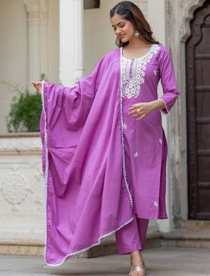 Women Ethnic Motifs Embroidered Regular Chikankari Pure Cotton Kurta with Trousers & With Dupatta 3