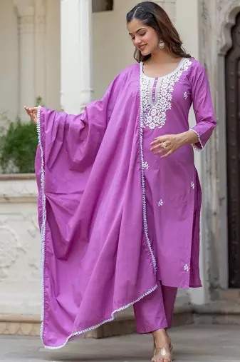 Women Ethnic Motifs Embroidered Regular Chikankari Pure Cotton Kurta with Trousers & With Dupatta