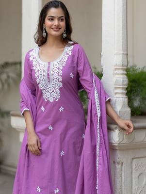 Women Ethnic Motifs Embroidered Regular Chikankari Pure Cotton Kurta with Trousers & With Dupatta 5