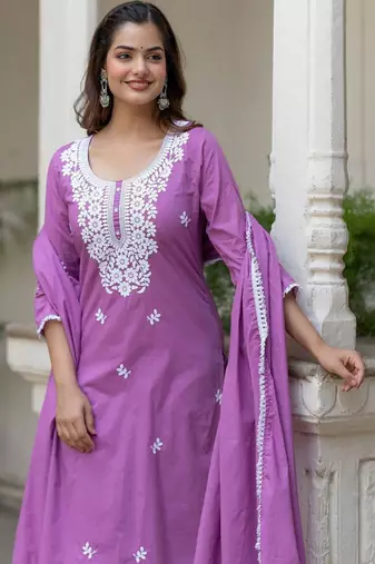 Women Ethnic Motifs Embroidered Regular Chikankari Pure Cotton Kurta with Trousers & With Dupatta
