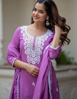 Women Ethnic Motifs Embroidered Regular Chikankari Pure Cotton Kurta with Trousers & With Dupatta 6