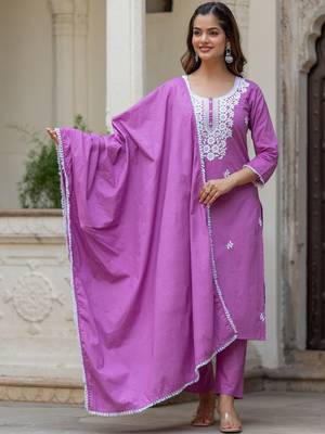 Women Ethnic Motifs Embroidered Regular Chikankari Pure Cotton Kurta with Trousers & With Dupatta 7