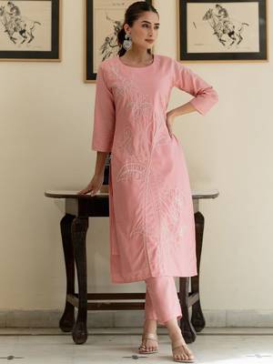 Floral Embroidered Thread Work Pure Cotton Kurta With Trouser 1
