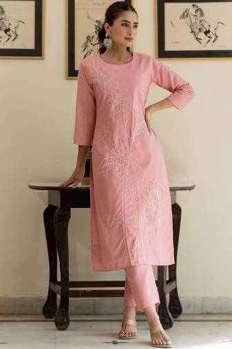 Floral Embroidered Thread Work  Cotton Kurta With Trouser