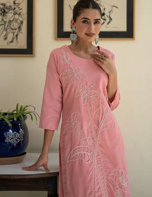 Floral Embroidered Thread Work Pure Cotton Kurta With Trouser 2