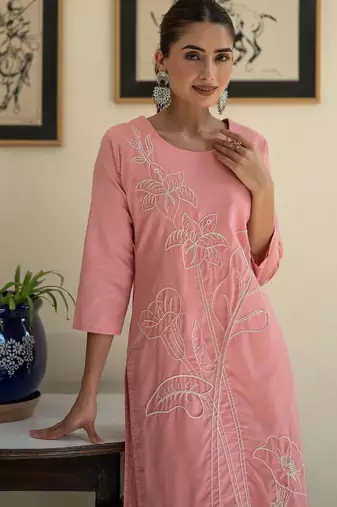 Floral Embroidered Thread Work Pure Cotton Kurta With Trouser